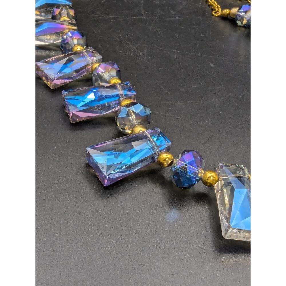 Gold Tone Crystal Aurora Borealis Statement Necklace Blue Purple Iridescent Read - Picture 2 of 12